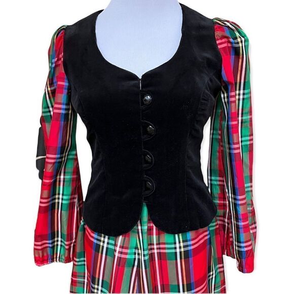 Vintage Prairie Goth? Black Velvet & Red Plaid Two Piece Maxi Skirt And Jacket S - Picture 2 of 14